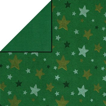 Christmas gift wrap green with gold and silver stars, solid dark green reverse side on striped recycled kraft paper - promotion low priced!
 