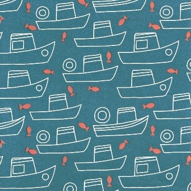 Gift wrapping paper fishing boat with goldfish in a sea blue background on strong paper.
 