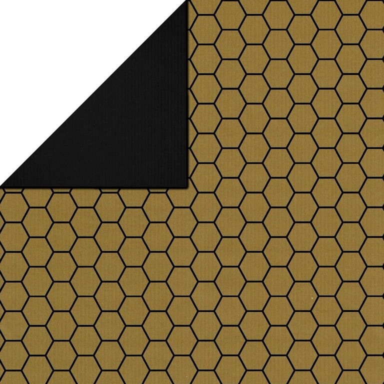 Gift wrap paper front gold with hexagons, back solid black on strong narrow ribbed paper.
 