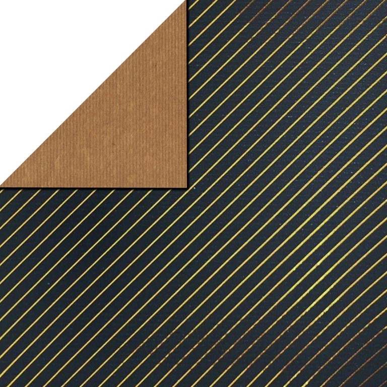 Gift wrapping paper midnight blue, metallic gold diagonal stripes on striped natural kraft paper.
 