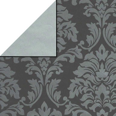 Gift wrapping paper silver baroque over matt gray, reverse side plain silver on strong paper.
 