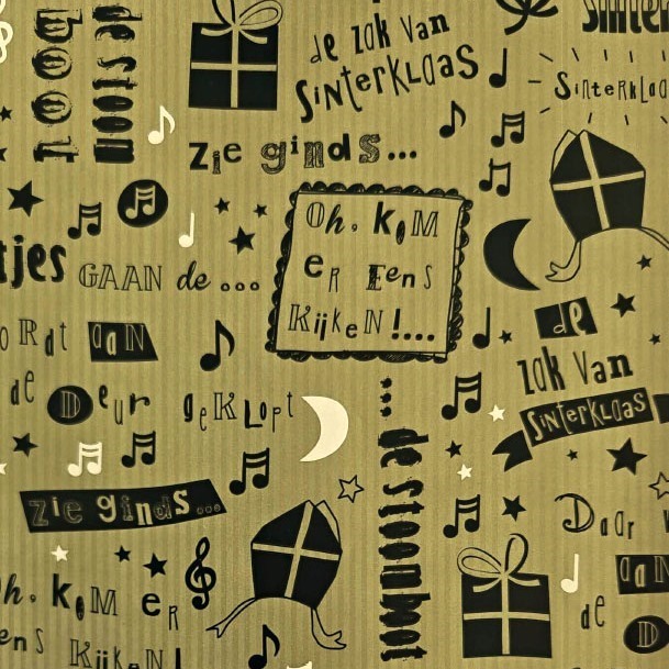 Glossy, luxurious sinterklaas wrapping paper, gold-striped background with black text and images.
 