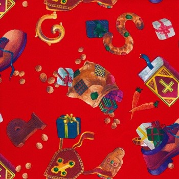 Sinterklaas gift wrap, red background with sweets, mitre, staff and shoe on glossy paper.
 