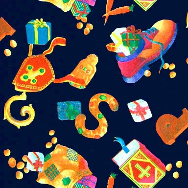 Sinterklaas gift wrap, blue background with sweets, mitre, staff and shoe on semi-gloss paper.
 