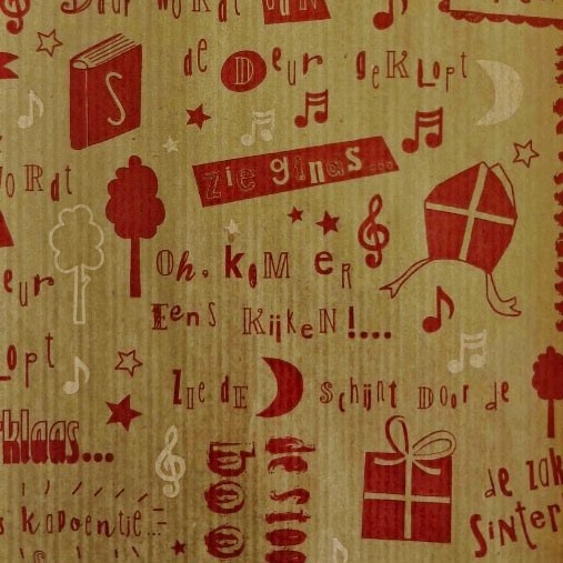 Wrapping paper sinterklaas, text and pictures in red over gold colored lines on striped natural brown kraft paper.
 