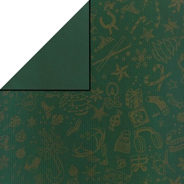 Golden christmas items on green gift wrap, solid green reverse side on recycled brown striped paper.
 